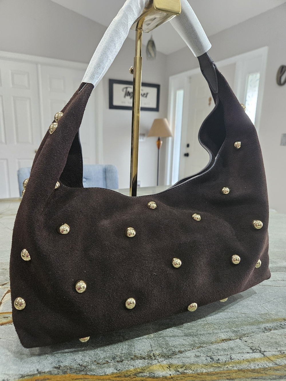 NWT Madewell Mylie Studded Suede Shoulder Bag Dark Brown